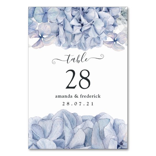 Blaue Hortensien Hochzeit Tischnummer (Vorderseite)