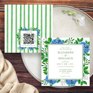 Blaue Hortensien-Hochzeitseinladung mit QR-Code Einladung