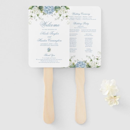 Blaue Hortensien-Hochzeitsprogramm Fächer (Vorne und Hinten)