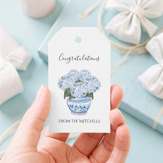 Blaue Hortensien in Chinoiserie-Topf Geschenkanhänger