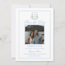 Blaue Hortensien-Kamm-Monogramm-QR-Code Save The Date