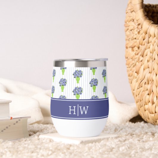 Blaue Hortensien-Küstenblumen-Vase-Monogramm (Wohnzimmer)
