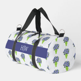 Blaue Hortensien-Küstenblumen-Vase-Monogramm Duffle Bag