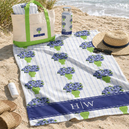 Blaue Hortensien-Küstenblumen-Vase Monogramm Strandtuch
