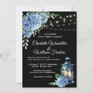 Blaue Hortensien-Laterne Hochzeit mit schwarzem Hi Einladung