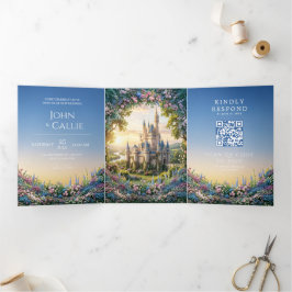 Blaue Hortensien-Märchenschloss-Hochzeit Dreifach Gefaltete Einladung