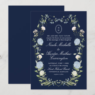 Blaue Hortensien-Monogramm-Hochzeits-Einladung Einladung