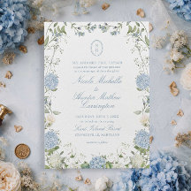 Blaue Hortensien-Monogramm-Hochzeitswappen-Einladu