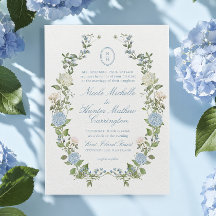 Blaue Hortensien-Monogramm-Wappen-Hochzeitseinladu