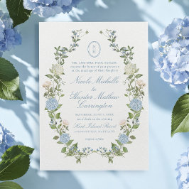 Blaue Hortensien-Monogramm-Wappen-Hochzeitseinladu Einladung
