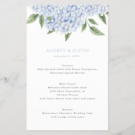 Blaue Hortensien-Oberrand-Hochzeitspapiermenü Flyer (Vorne)