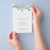 Blaue Hortensien-Oberrand-Hochzeitspapiermenü Flyer (Handgriff)