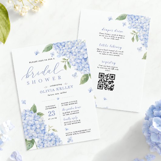 Blaue Hortensien-QR-Code-Aquarell-Blumen Einladung