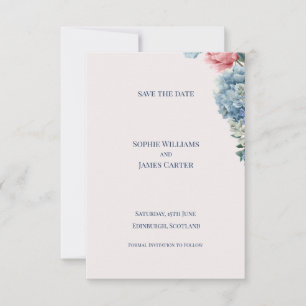 Blaue Hortensien-Rosa-Rosen-Blumenhochzeit Save The Date