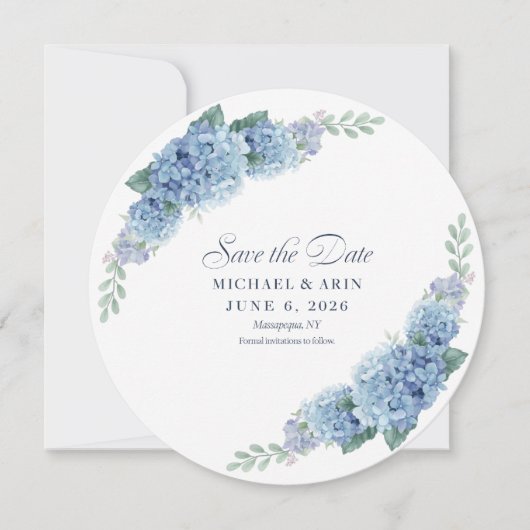 Blaue Hortensien Save The Dates Date (Vorderseite)