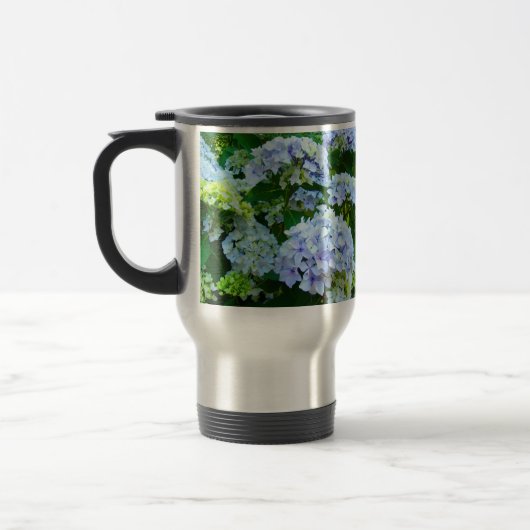 Blaue Hortensien-Sommerblumen-Kaffeetassen Reisebecher (Links)