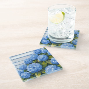 Blaue Hortensien Sträucher Florale Malerei Glasuntersetzer