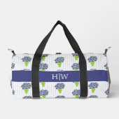 Blaue Hortensien-Streifen-Monogramm-Küstendesign Duffle Bag (Vorderseite)