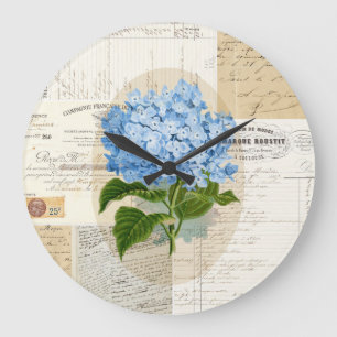 Blaue Hortensien-Uhr im französischen Stil Große Wanduhr