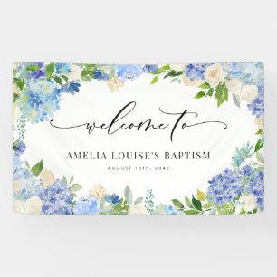 Blaue Hortensien und Elfenbeinrosen-Taufe im Wasse Banner
