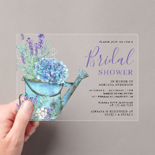 Blaue Hortensien- und Lavendel-Blumen-Brautparty Acryleinladungen