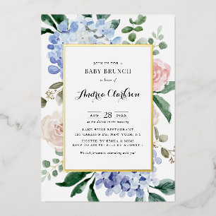 Blaue Hortensien und rosa Rosen Baby-Brunch Folieneinladung