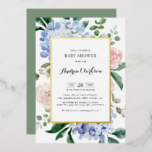 Blaue Hortensien und rosa Rosen Baby Shower Folieneinladung