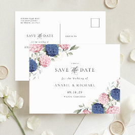 Blaue Hortensien und rosa Save-the-Date-Postkarte Ankündigungspostkarte
