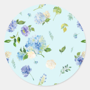 Blaue Hortensien- und Rosenblütenmuster in Aquarel Runder Aufkleber