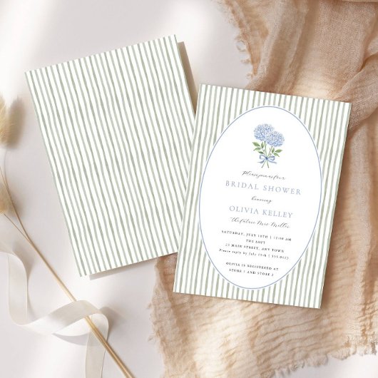 Blaue Hortensien- und Streifen-Brautdusche Einladung