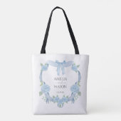 Blaue Hortensien-Wappen-Aquarell-Hochzeit Tasche (Rückseite)