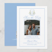 Blaue Hortensien-Wappen-Monogramm-QR-Code Save The Date (Vorne/Hinten)