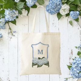 Blaue Hortensien-Wappen und -Korb personalisiert Tragetasche