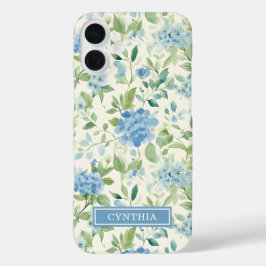 Blaue Hortensien-Wasserfarbe-Monogramm iPhone 16 Plus Hülle