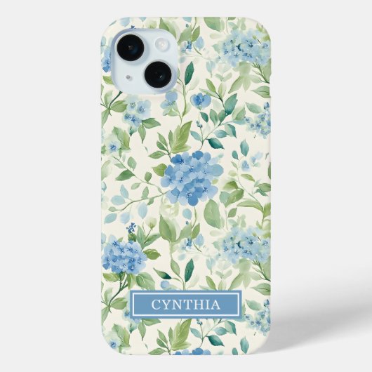 Blaue Hortensien-Wasserfarbe-Monogramm Case-Mate iPhone Hülle (Rückseite)