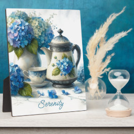 Blaue Hortensien zum Trinken und zur Ruhe Fotoplatte