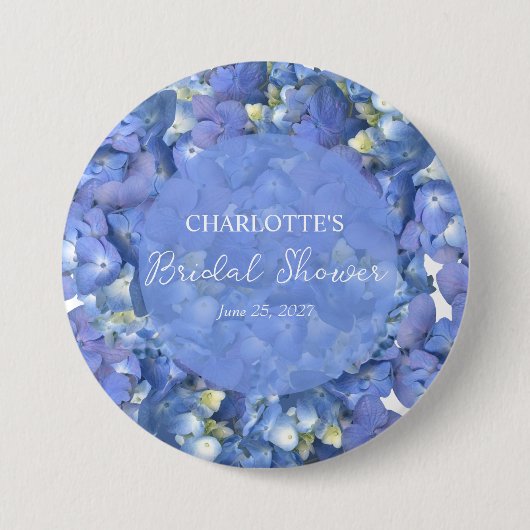 Blaue Hortensienblüten Personalisierte Brautparty Button (Vorderseite)