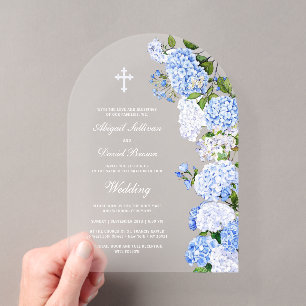 Blaue Hortensienbogen-Hochzeit Acryleinladungen