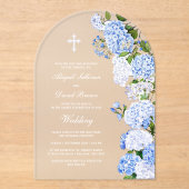 Blaue Hortensienbogen-Hochzeit Acryleinladungen (Vorderseite)