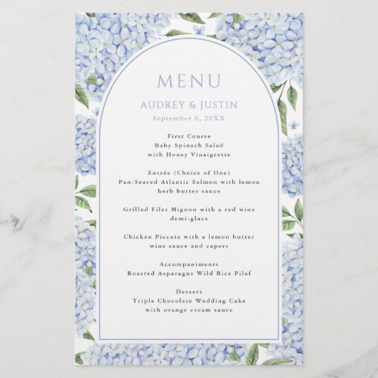 Blaue Hortensienbogen-Rand-Hochzeitspapiermenü Flyer (Vorne)