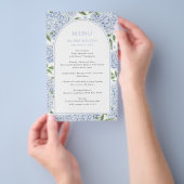 Blaue Hortensienbogen-Rand-Hochzeitspapiermenü Flyer (Handgriff)