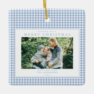 Blaue Houndstooth-Weihnachtsfoto Keramikornament