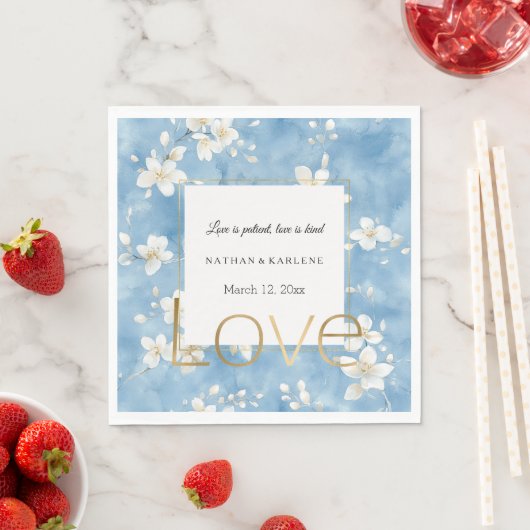 Blaue hübsche weiße Blumen Gold Liebeshochzeit  Serviette (Beispiel)