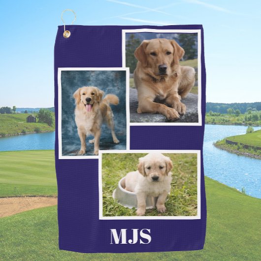 Blaue Hund-Fotocollage-Monogramm personalisiert  Golfhandtuch