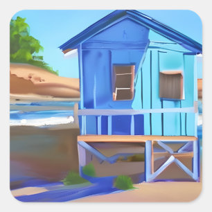 Blaue Hütte auf Stilts Beach House Quadratischer Aufkleber