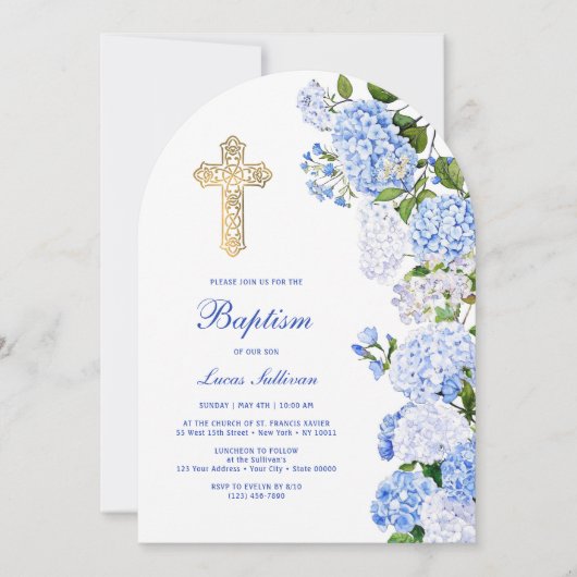 Blaue Hydrangea Arch Taufe Einladung (Vorderseite)