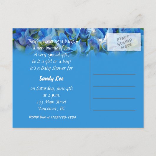 Blaue Hydrangea-Blume Babydusche Einladungspostkarte (Rückseite)