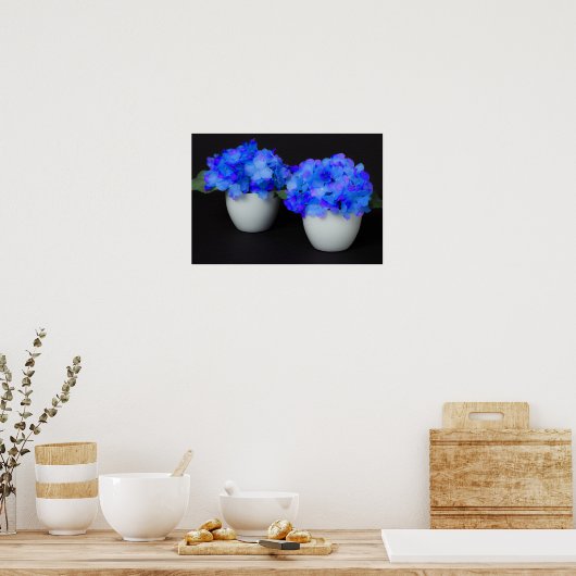 Blaue Hydrangea-Blume in Weißtöpfen Poster (Küche)