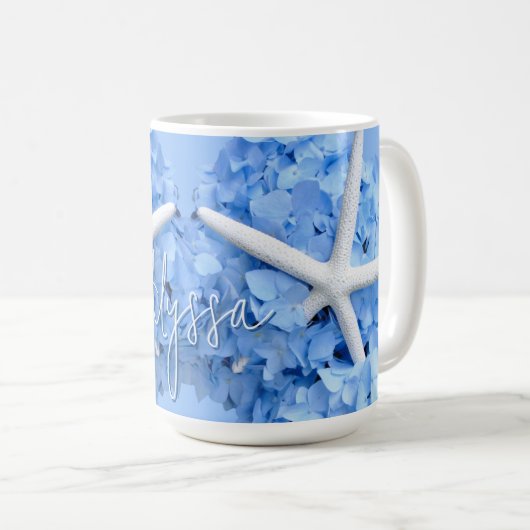 Blaue Hydrangea-Blume Kaffeetasse (VorderseiteRechts)