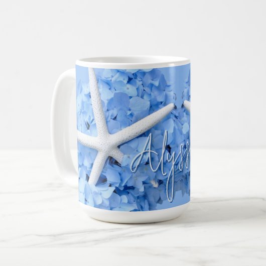 Blaue Hydrangea-Blume Kaffeetasse (Vorderseite Links)